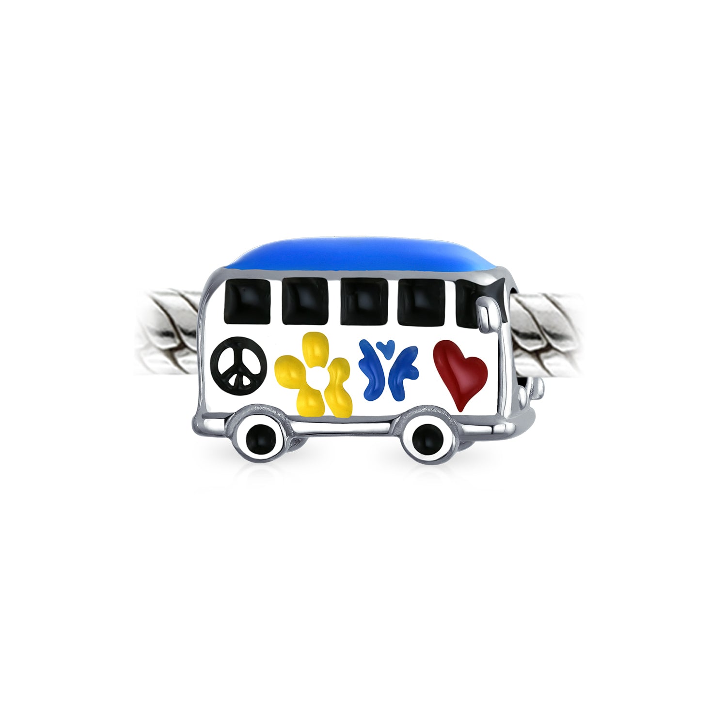 .925 Sterling Silver Multi Color Retro 1960S Peace Love Hippie Volk Wagon Van Bus Charm Bead
