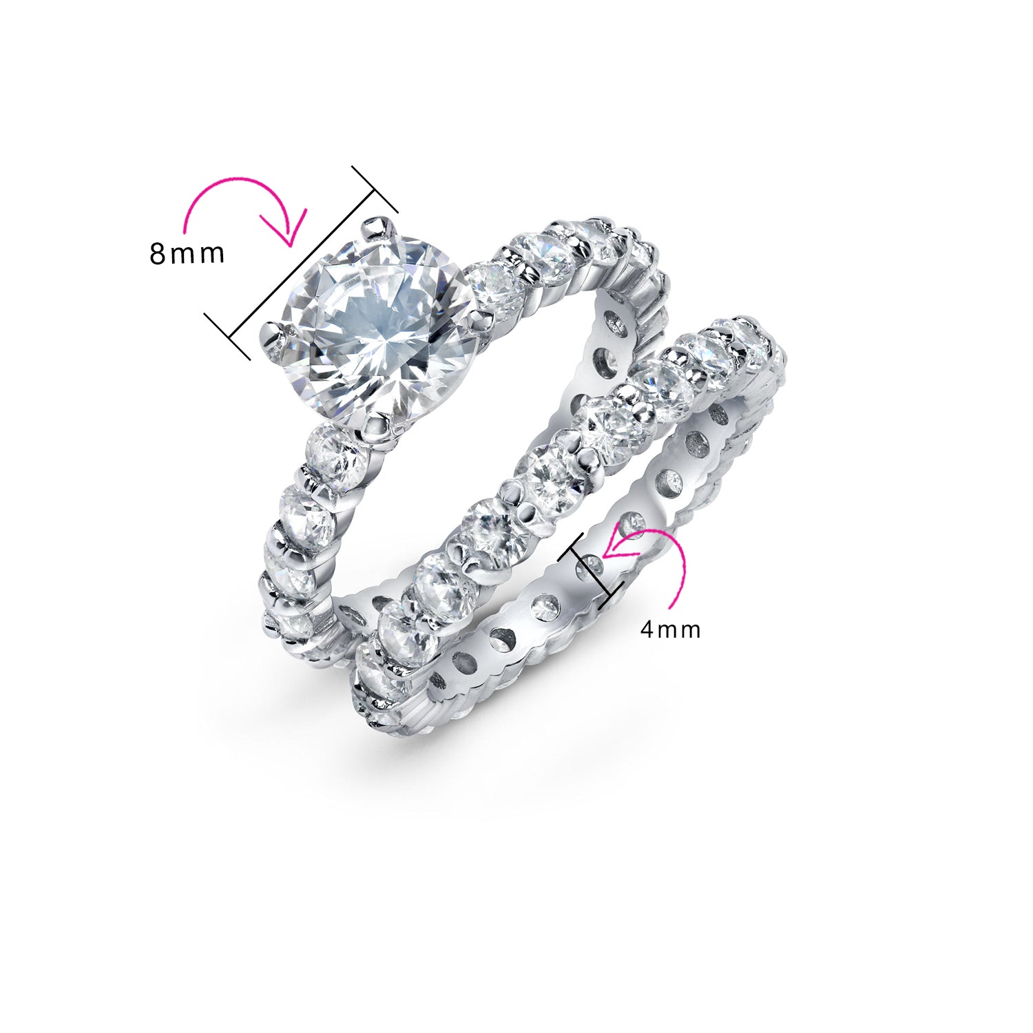 3CT CZ Solitaire Cubic Zirconia Engagement Ring Set Eternity Band .925 Sterling Silver 6-Prong Design