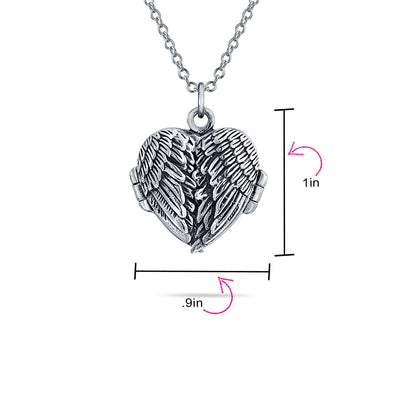 Jewelry Set Heart Amulet Angel Wings Locket Necklace & Earrings in Silver