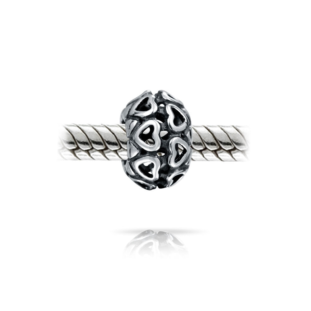 Set of 2 Latte Cup and Open Filigree Heart Charm Bead Oxidized Sterling Silver