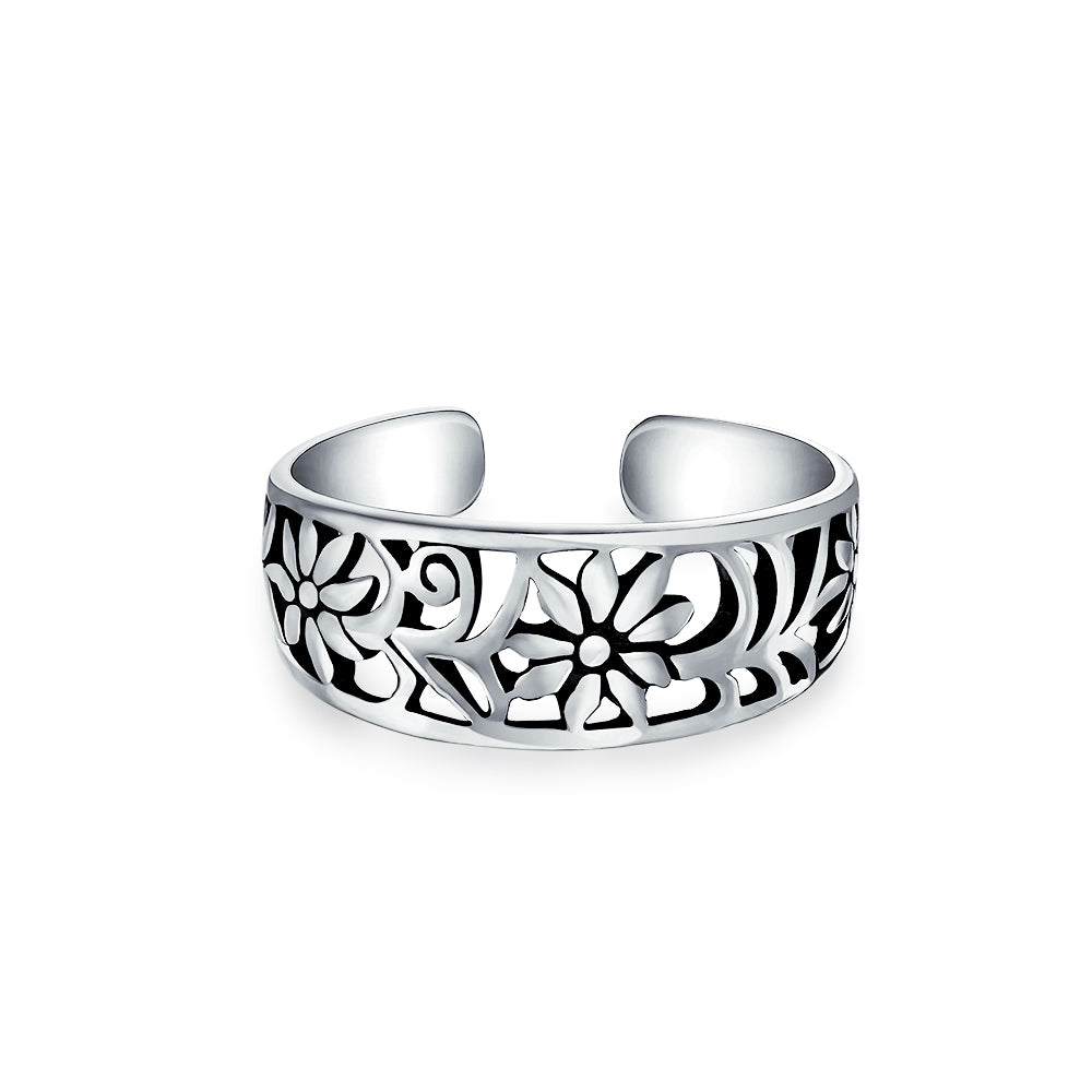 Set of 2 Flowers Vine Carved Swirl Filigree Midi Toe Ring Sterling Silver