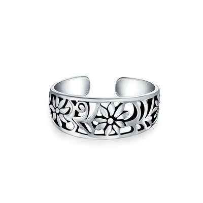 Set of 2 Flowers Vine Carved Swirl Filigree Midi Toe Ring Sterling Silver
