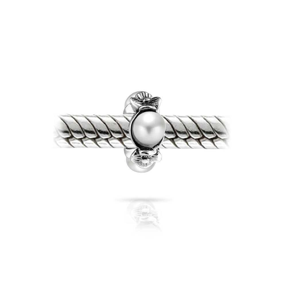 Set of 2 White Simulated Pearl Flower Charm Bead Sterling Silver for Bracelet