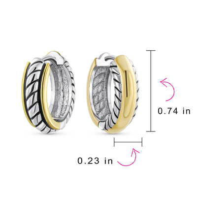 Two Tone Twist Cable Rope Hoop Huggie Earrings for Men Gold & Silver Plated