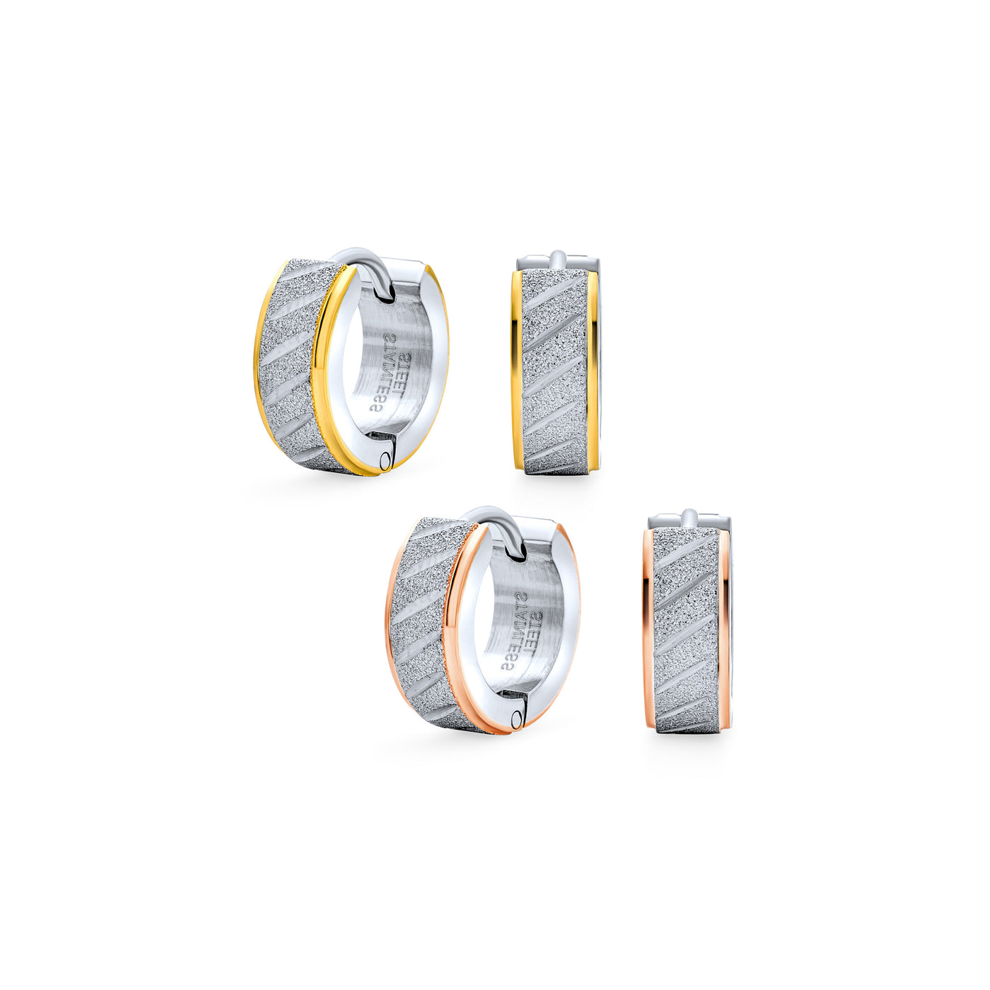Set of 2 Carved Slashes Hoop Huggie Earrings Rose Gold Plated Stainless Steel