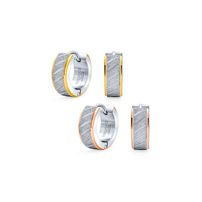 Set of 2 Carved Slashes Hoop Huggie Earrings Rose Gold Plated Stainless Steel