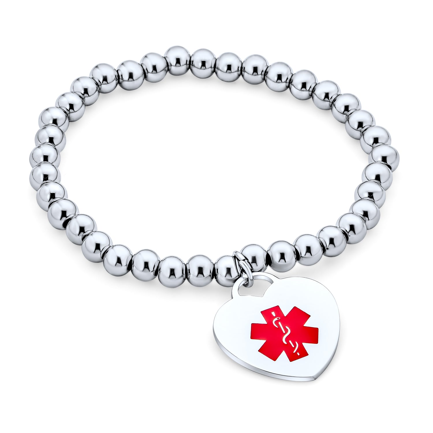 Medical ID Bracelet Set Two Blank Stretch Bead Bear Heart Charm Identification Silver Tone