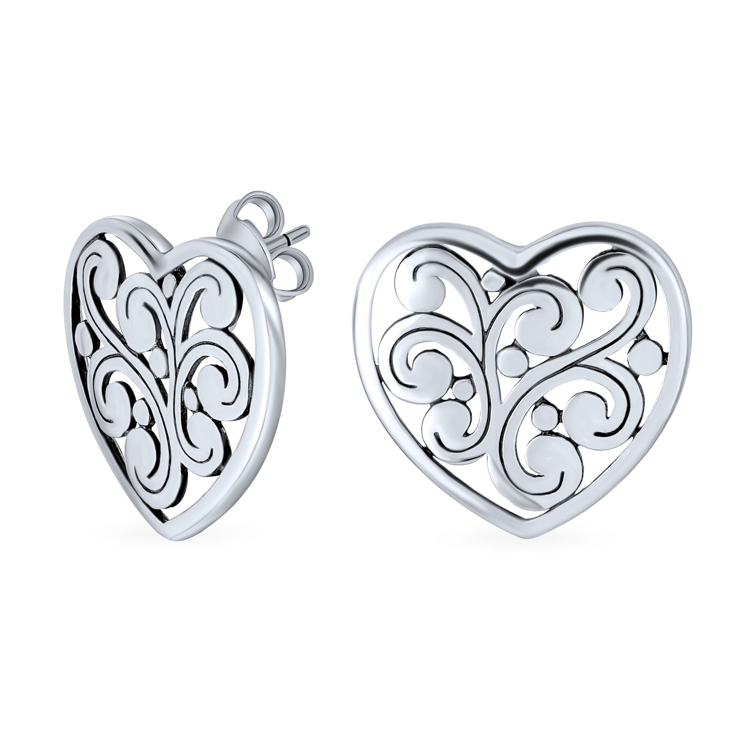 Swirl Filigree Scroll Heart Stud Earrings Women .925 Sterling Silver ...