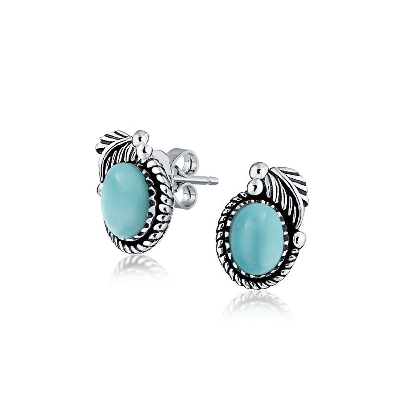 Larimar Gemstone Bezel Leaf Rope Edged Stud Earrings Sterling Silver