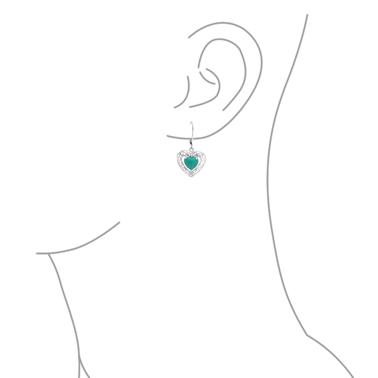 Bali Style Natural Turquoise Heart Shape Drop Earrings Scroll Filigree Sterling Silver Fish Hook