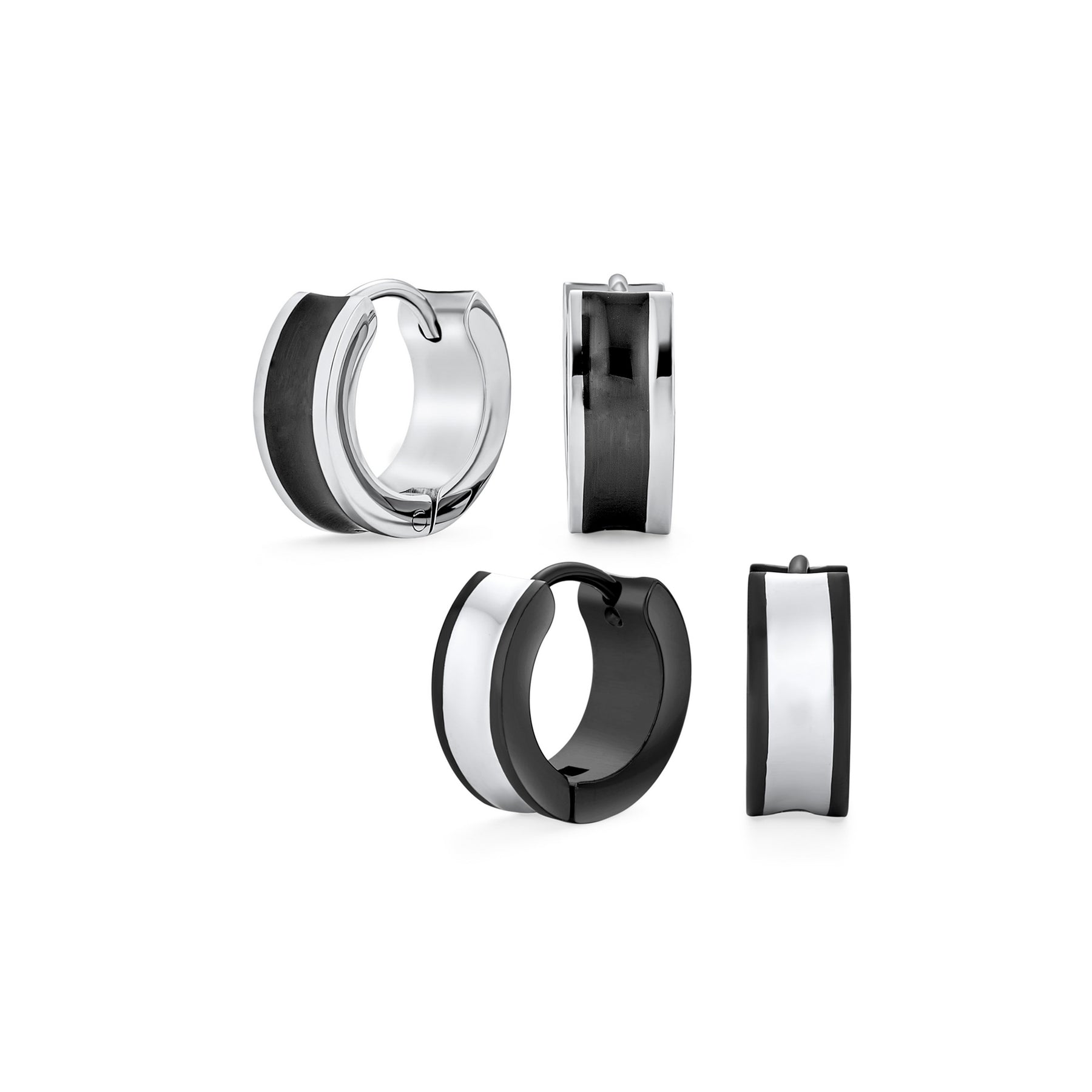 Set of 2 Two Tone Striped Black Enamel Huggie Hoop Earrings Stainless Steel
