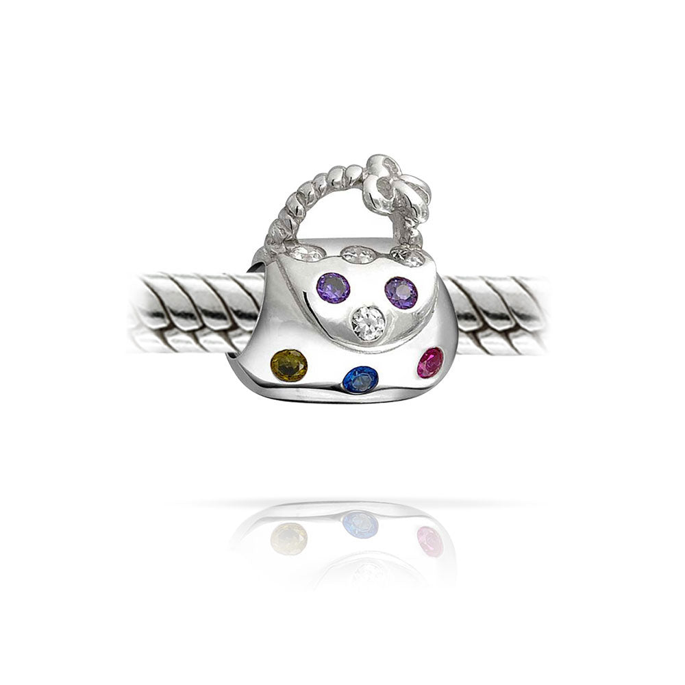 .925 Sterling Silver Fashion Multicolor CZ Clutch Purse Pocketbook Hand Bag Charm Bead Gold Plated