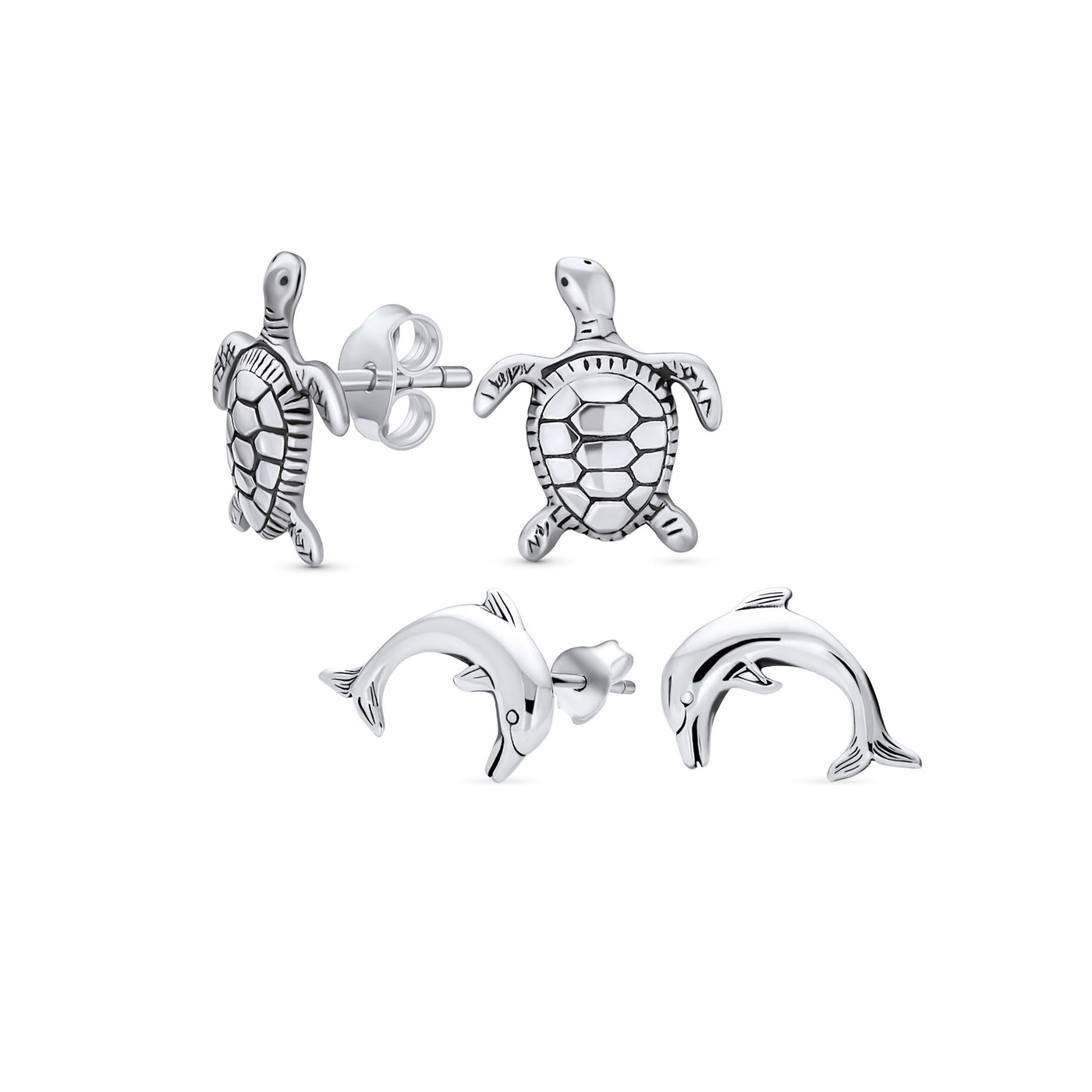 Set of 2 Hawaiian Sea Tortoise Turtle Dolphins Stud Earrings Sterling Silver