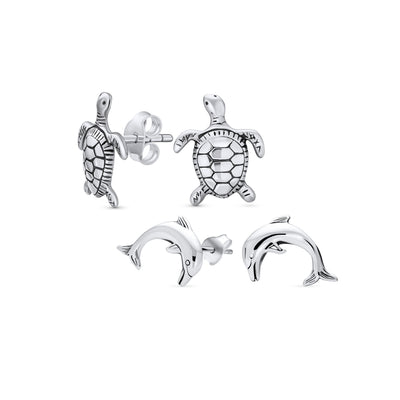 Set of 2 Hawaiian Sea Tortoise Turtle Dolphins Stud Earrings Sterling Silver