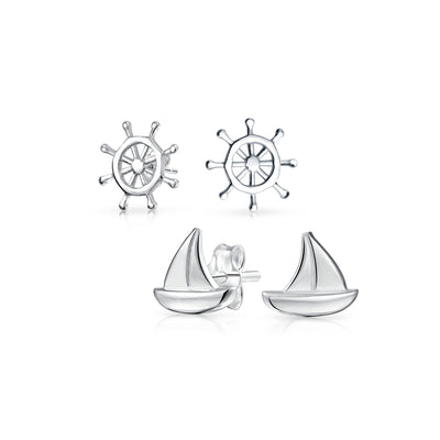 Set of 2 Small Nautical Sail Boat and Ship Wheel Stud Earrings Sterling Silver