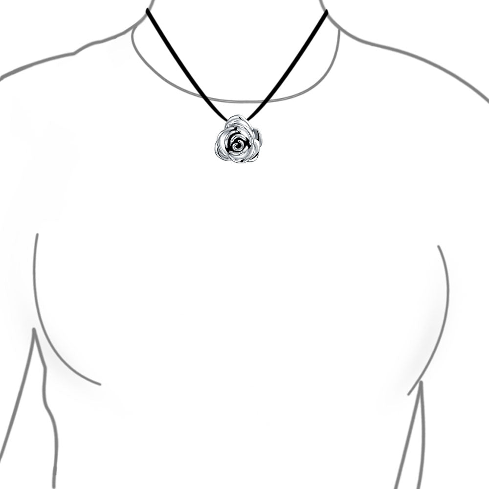 Large Statement Flower Rose Pendant Necklace Black Silk Cord Hollow Oxidized Sterling Silver