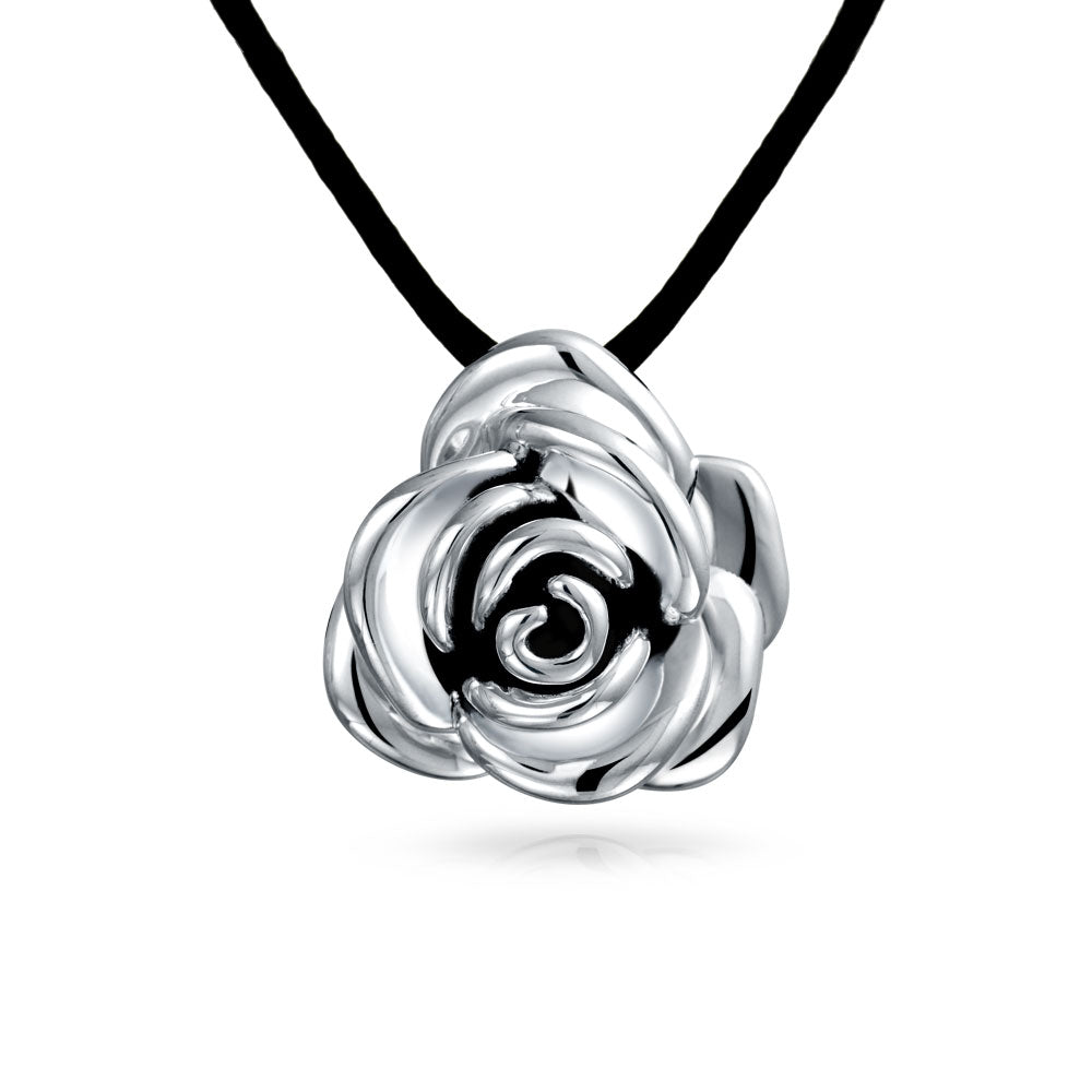 Large Statement Flower Rose Pendant Necklace Black Silk Cord Hollow Oxidized Sterling Silver