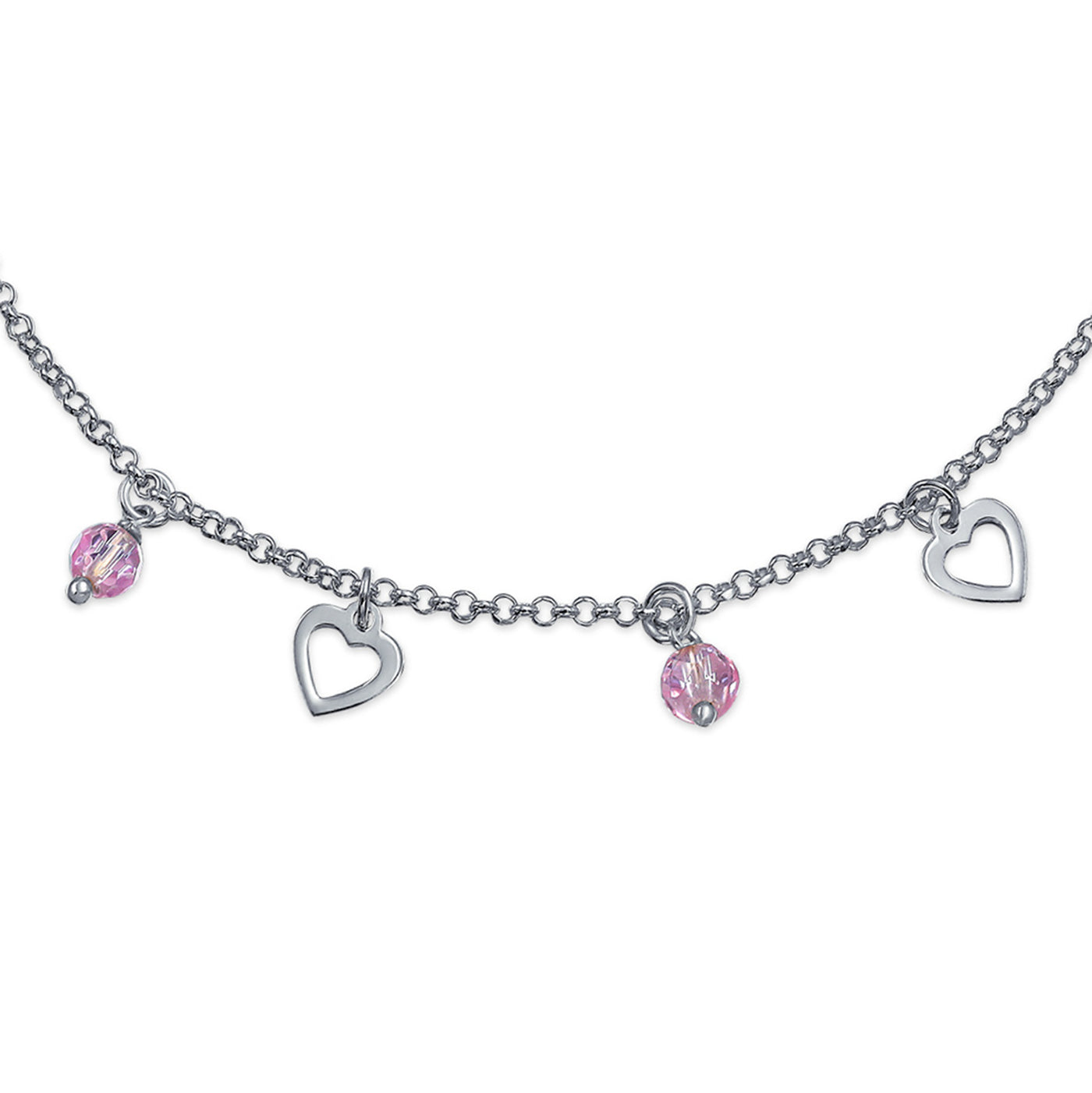 Multi Heart Crystal Pink Anklet Ankle Bracelet Sterling Silver 9-10"