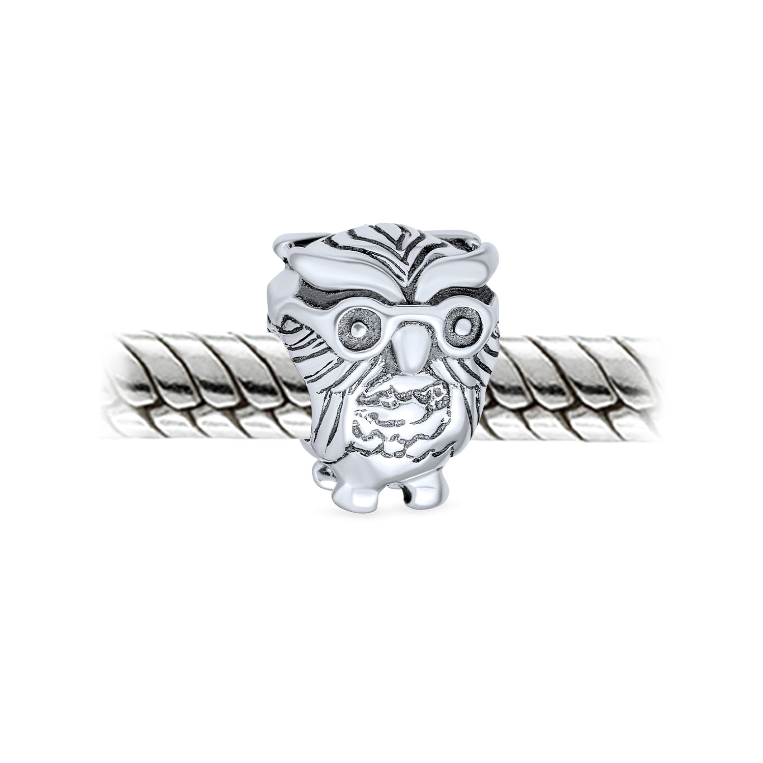 Wise Graduate Owl Bird Charm Bead for Students in Oxidized Sterling Silver
