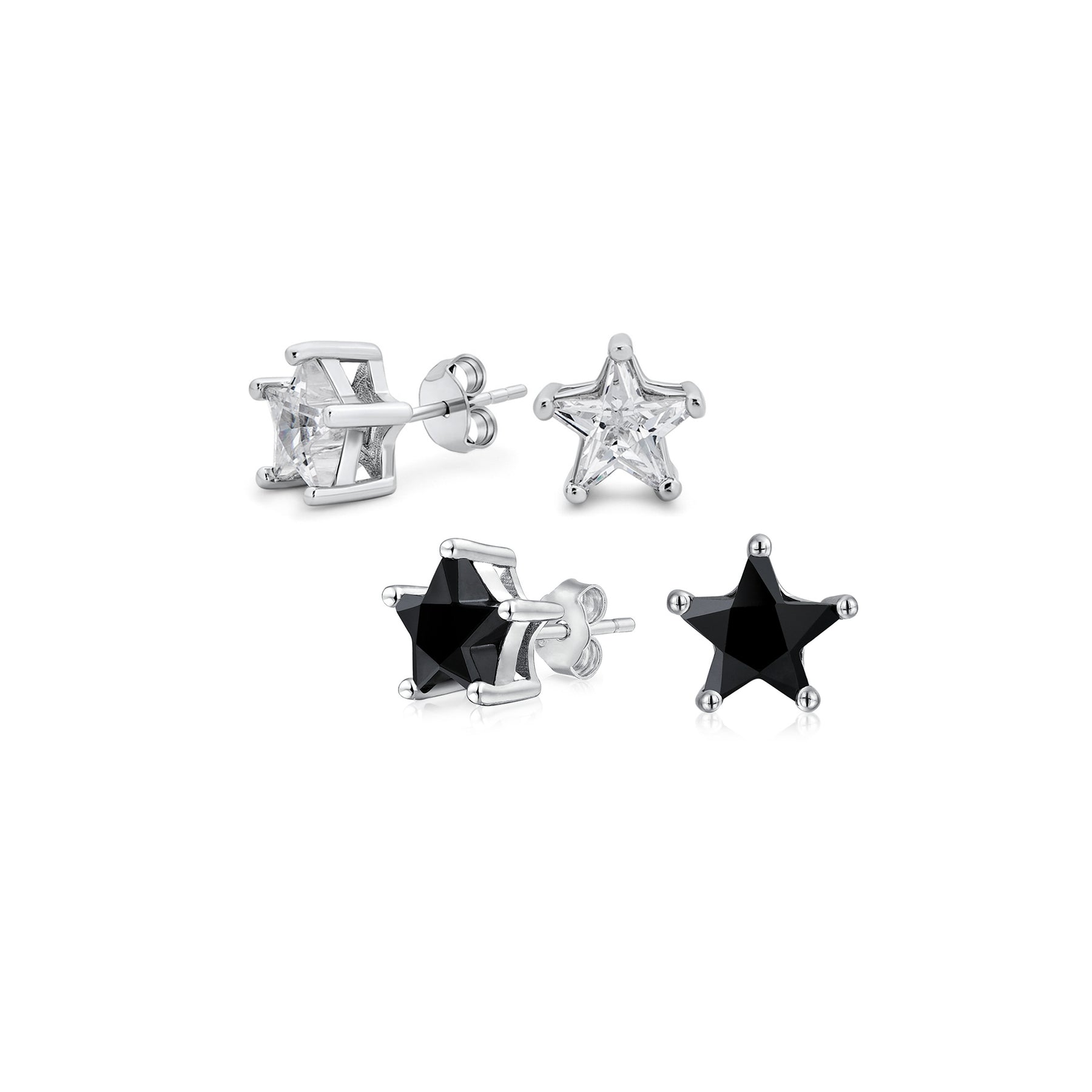 Set of 2 Celestial USA Black Clear CZ Star Stud Earrings Sterling Silver 7MM