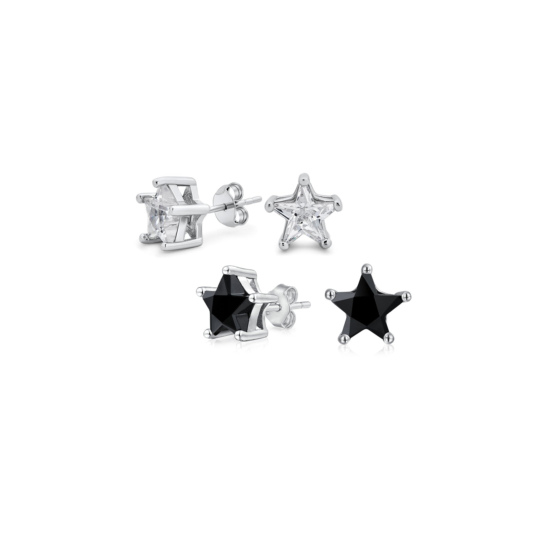 Set of 2 Celestial USA Black Clear CZ Star Stud Earrings Sterling Silver 7MM