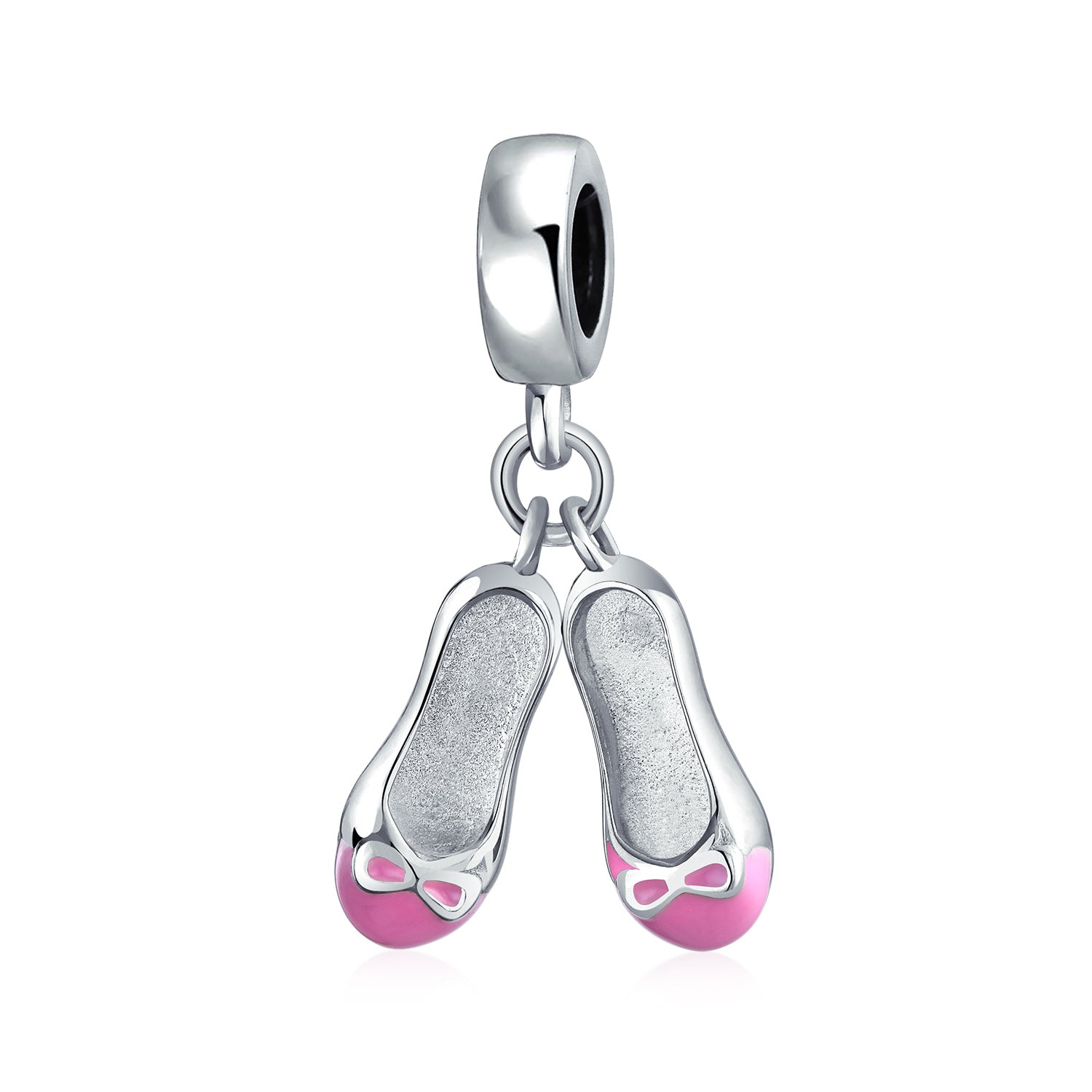 Sterling Silver Pink White Prima Ballerina Shoes Ballet Slipper Dangling Bead Charm for Bracelet