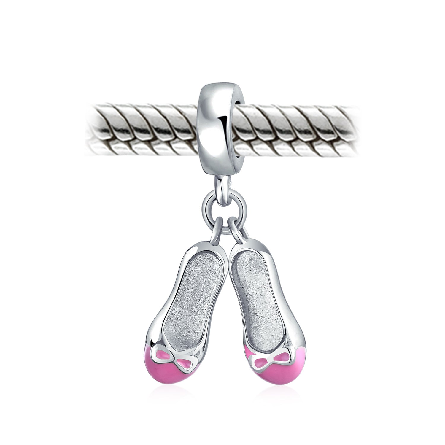 Sterling Silver Pink White Prima Ballerina Shoes Ballet Slipper Dangling Bead Charm for Bracelet