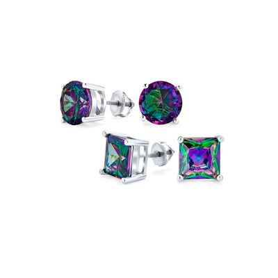 Set of 2 Round & Square Mystic Rainbow CZ Stud Earrings Silver Screw Back