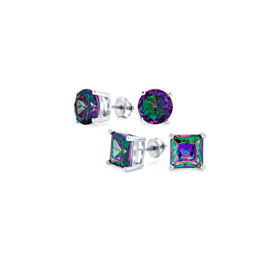 Set of 2 Round & Square Mystic Rainbow CZ Stud Earrings Silver Screw Back