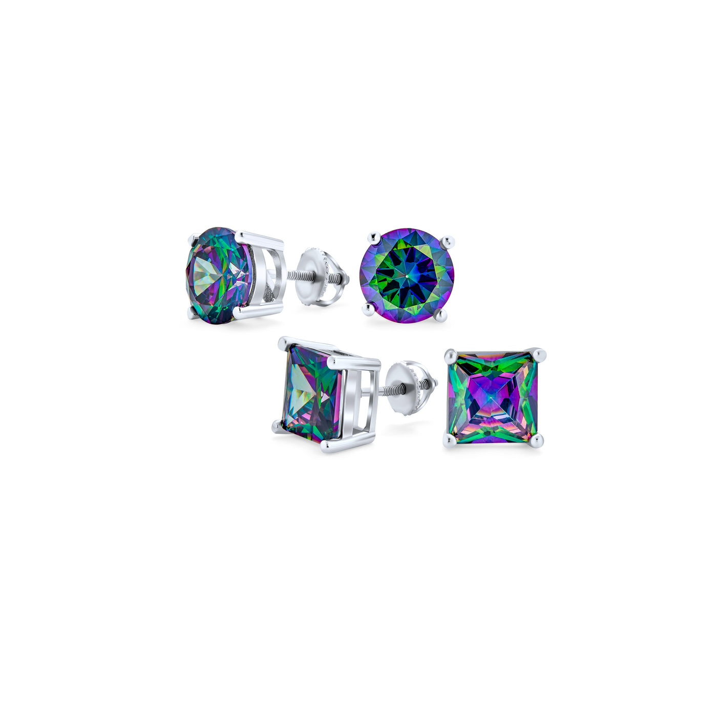 Set of 2 Round & Square Mystic Rainbow CZ Stud Earrings Silver Screw Back