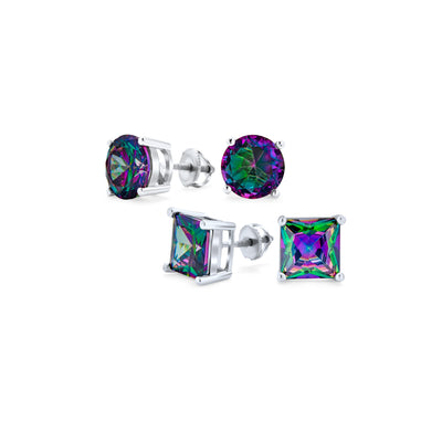 Set of 2 Round & Square Mystic Rainbow CZ Stud Earrings Silver Screw Back