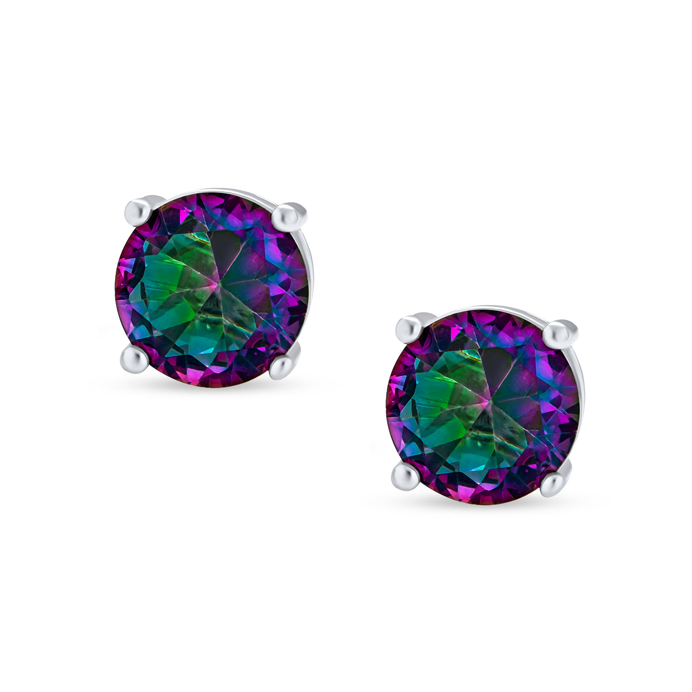 Set of 2 Round & Square Mystic Rainbow CZ Stud Earrings Silver Screw Back