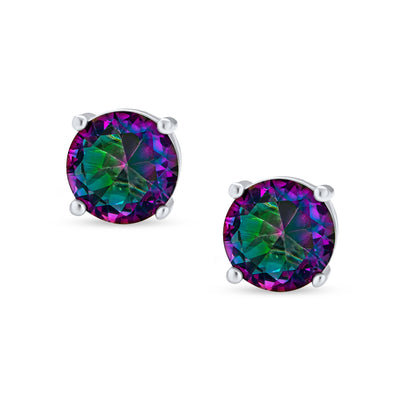 Set of 2 Round & Square Mystic Rainbow CZ Stud Earrings Silver Screw Back