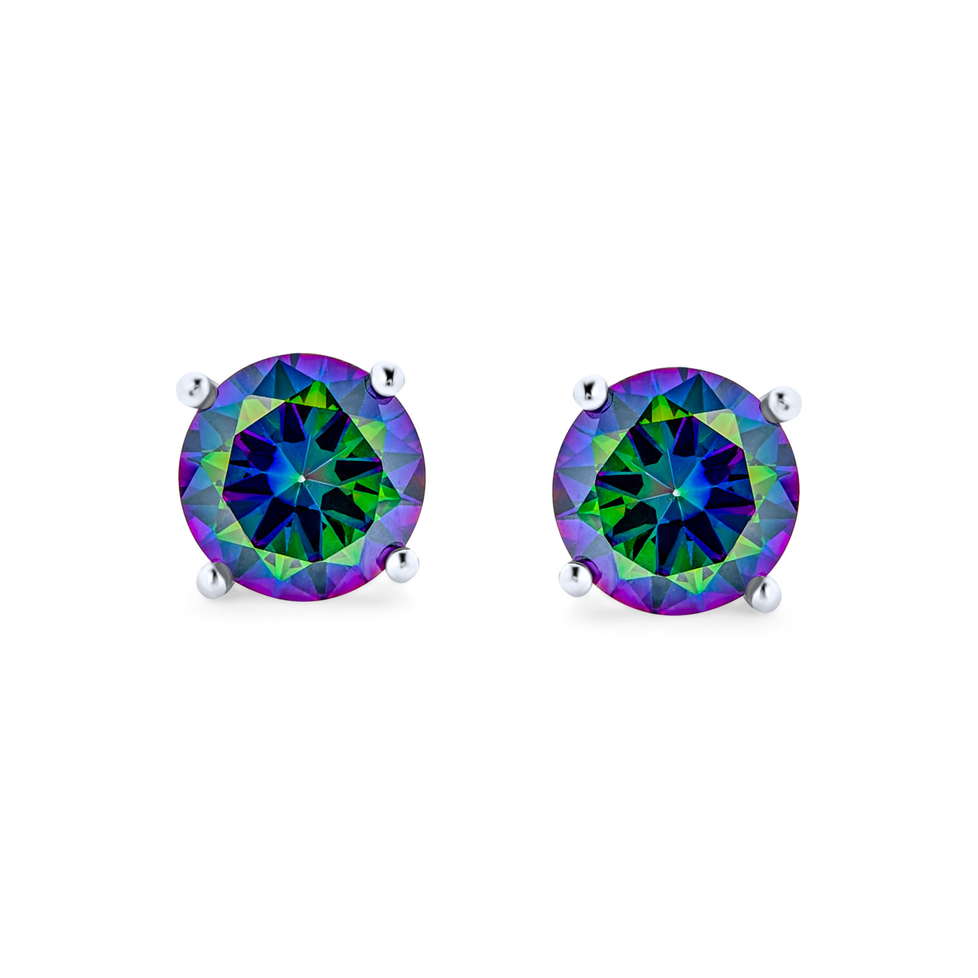 Set of 2 Round & Square Mystic Rainbow CZ Stud Earrings Silver Screw Back