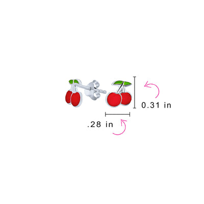 Set of 2 Small Summer Fruit Red Strawberry Cherry Stud Earrings Sterling Silver
