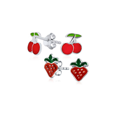 Set of 2 Small Summer Fruit Red Strawberry Cherry Stud Earrings Sterling Silver