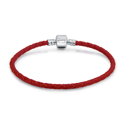 Red Weave Braided Leather Strand Bracelet with Sterling Silver Barrel Clasp