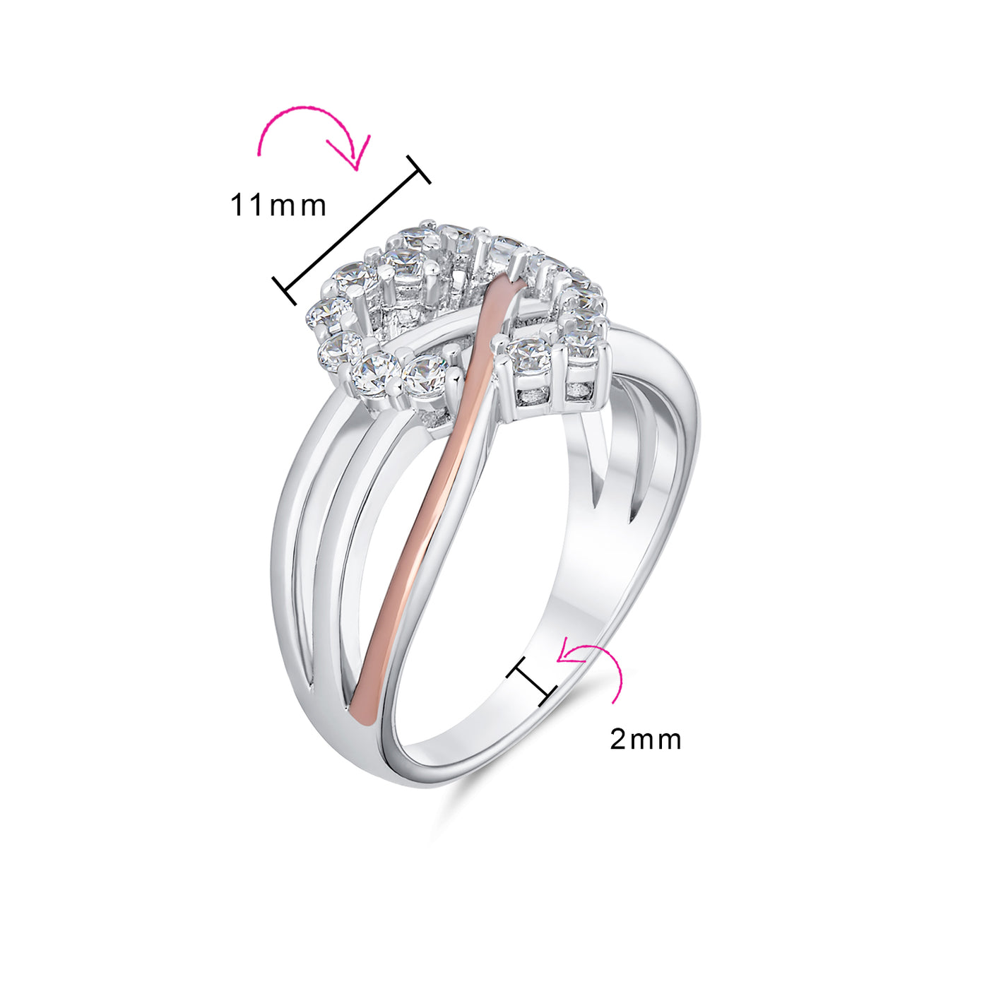 Romantic Two Tone Cocktail Statement Ring with CZ Accent & Infinity Heart Design