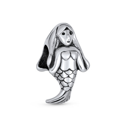 Set of 2 Nautical Clam Shell and Sea Nymph Mermaid Charm Bead Sterling Silver