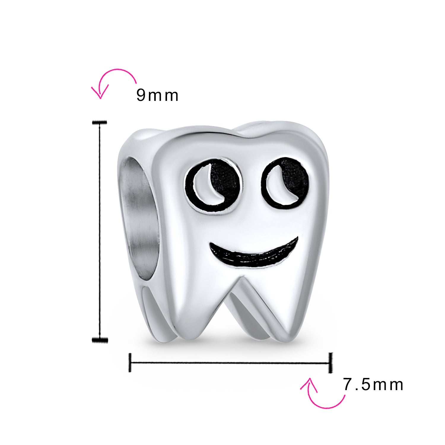 .925 Sterling Silver Dentist Smiling Tooth Fairy Charm Bead Oxidized for Bracelet
