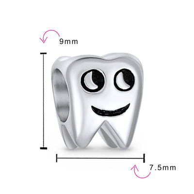 Set of 2 Smiling Tooth and Fairy Dentist Charm Bead Oxidized Sterling Silver
