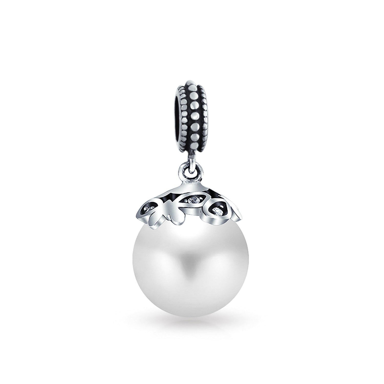 .925 Sterling Silver Bali Filigree Cap Faux White Pearl Heart Dangle Charm Bead June Birthstone