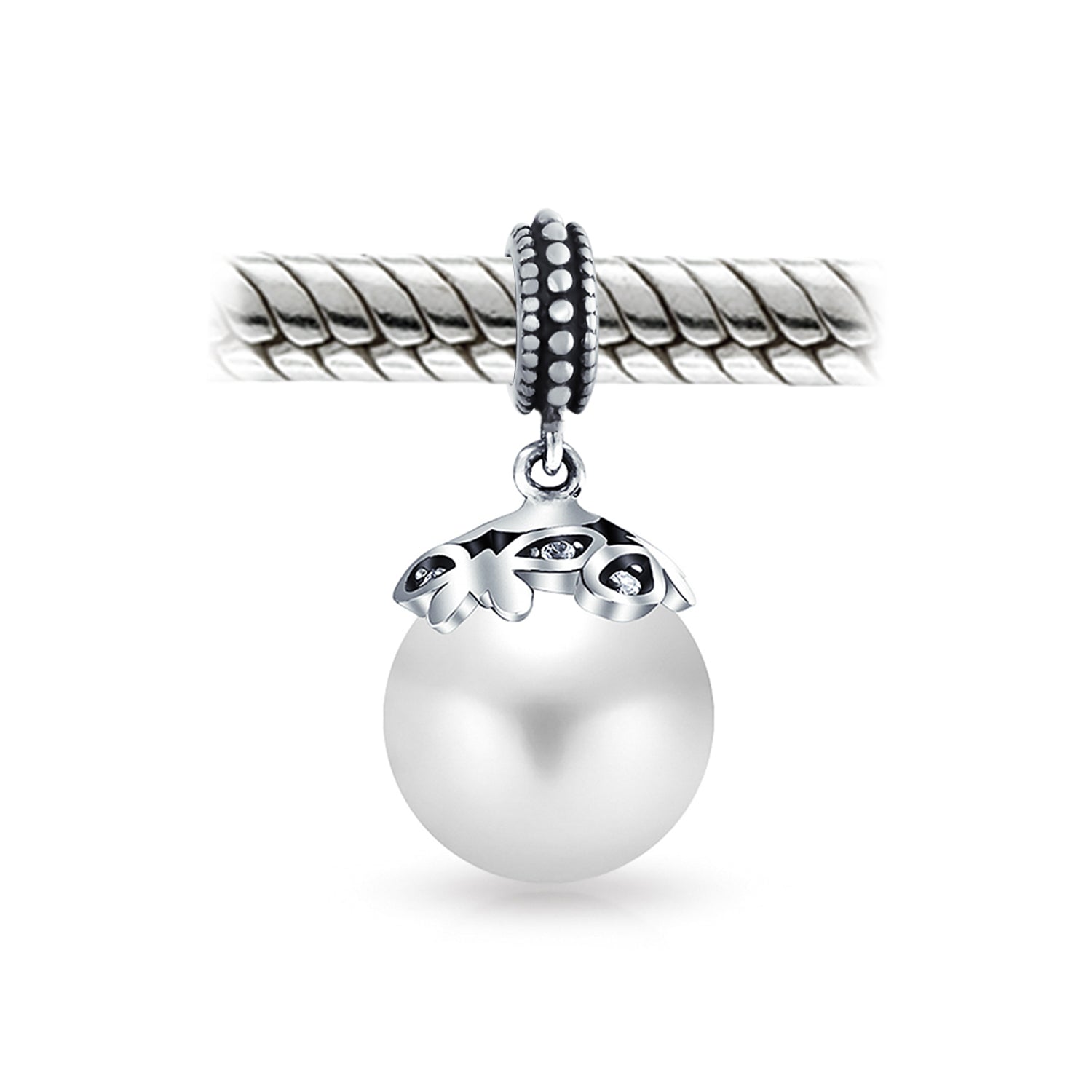.925 Sterling Silver Bali Filigree Cap Faux White Pearl Heart Dangle Charm Bead June Birthstone