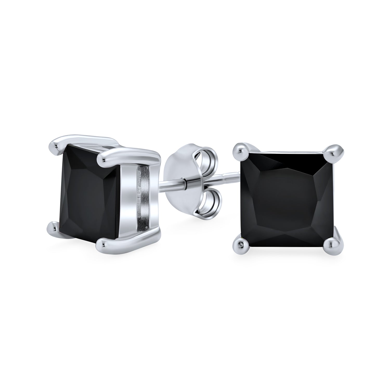 Classic Black Cubic Zirconia Princess Cut CZ Stud Earrings .925 Sterling Silver
