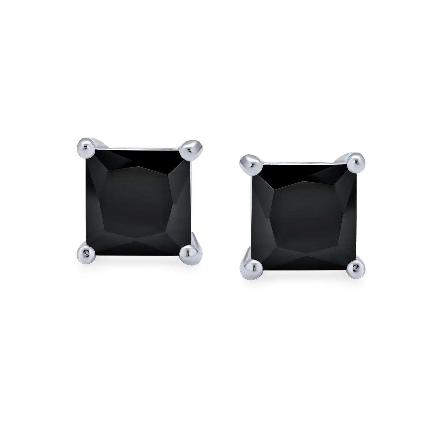 Classic Black Cubic Zirconia Princess Cut CZ Stud Earrings .925 Sterling Silver