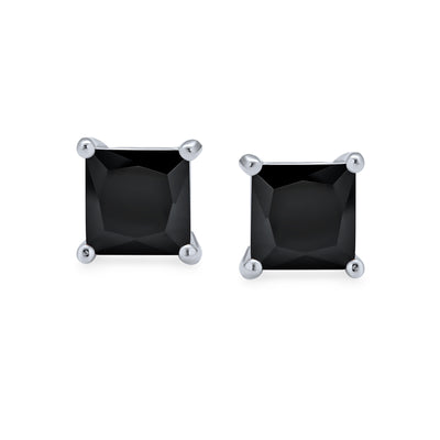 Classic Black CZ Stud Earrings for Men, Square Princess Cut, Sterling Silver