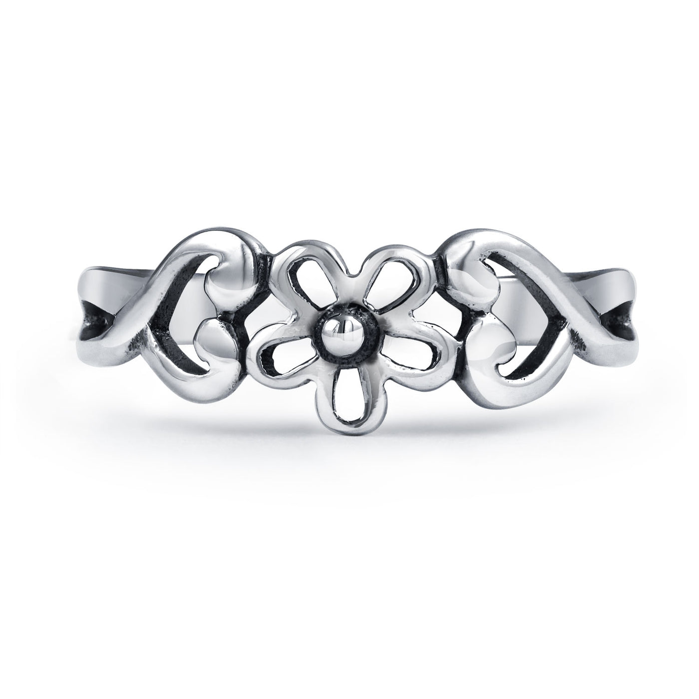 Set of 2 Interlocking Hearts & Flower Carved Swirl Midi Toe Ring Sterling Silver