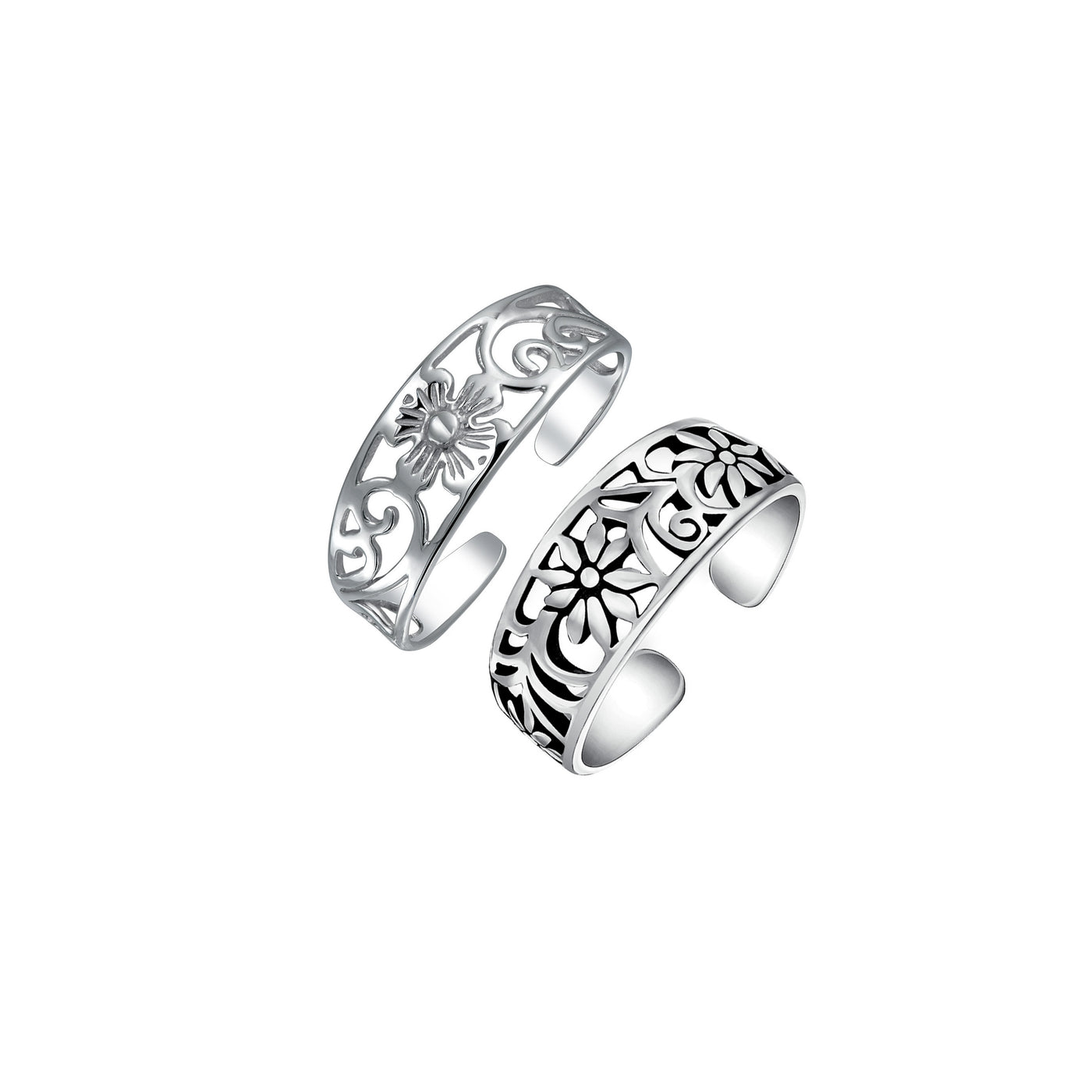 Set of 2 Flowers Vine Carved Swirl Filigree Midi Toe Ring Sterling Silver