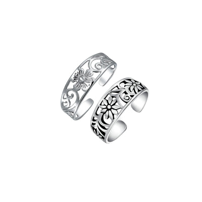 Set of 2 Flowers Vine Carved Swirl Filigree Midi Toe Ring Sterling Silver