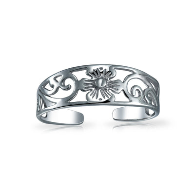 Set of 2 Flowers Vine Carved Swirl Filigree Midi Toe Ring Sterling Silver